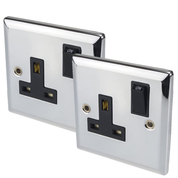 Volex Switched Single Wall Socket Chrome Metal Front & Rounded Edges BS1363