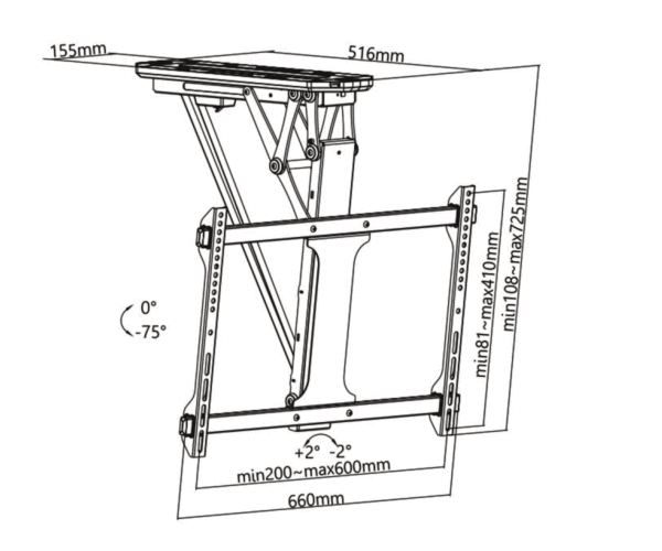 Allcam ECM546 electric ceiling tv bracket sizes dimensions diagram