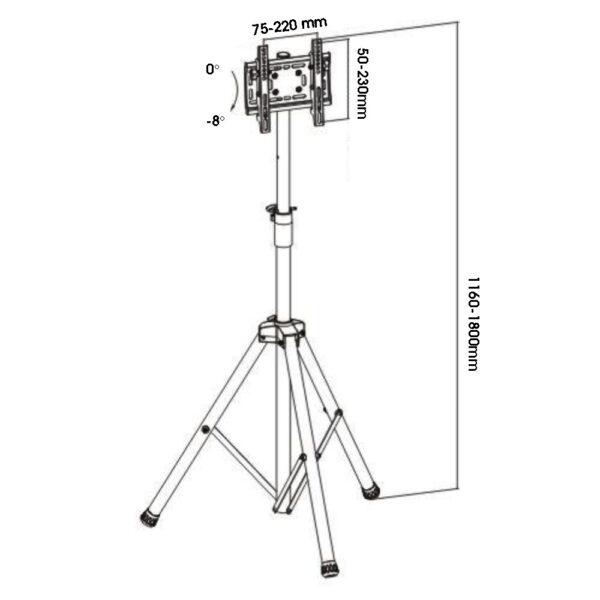 Allcam TR940A Portable Tripod TV Stand VESA 200x200 size dimension drawing diagram