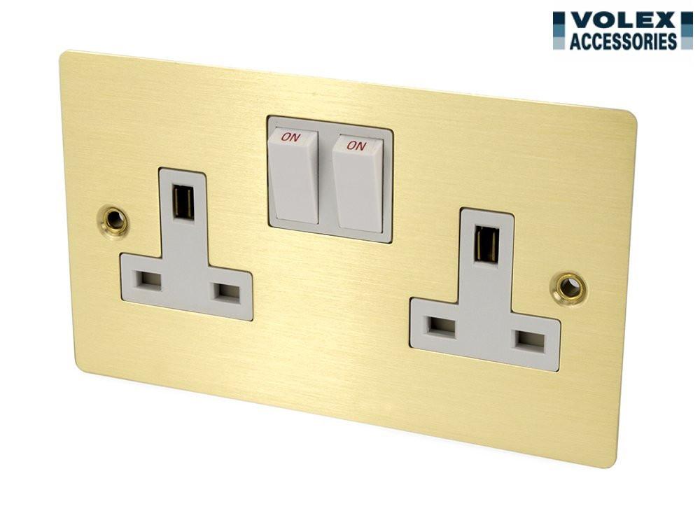 Volex 13A Double Switched Socket Double Pole w/ Brushed Brass Metal Plate