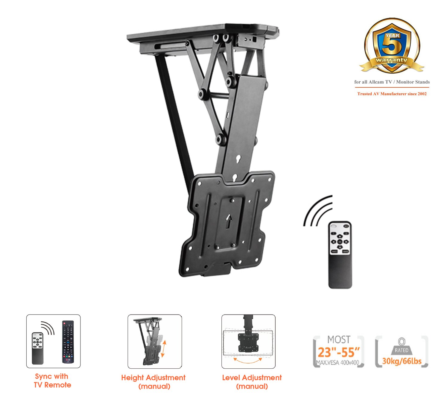 Allcam Electric Motorised TV Bracket Ceiling Mount, Levelness & Height Adjustable for 23″65