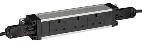 UP41XS3B Under-desk power 3 UK sockets 3.15A fuse, with GST male & female ends for daisy-chain link, 2-meter GST female cable