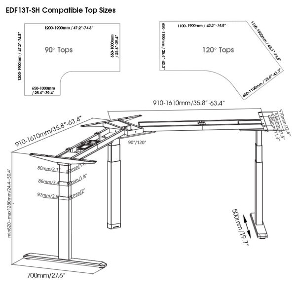 EDF13T triple motor electric radial desk frame sizes dimensions compatible desktop