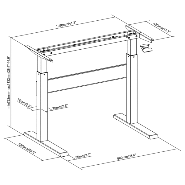 Allcam GDF03 sit stand desk frame sizes dimensions diagram
