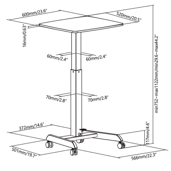Allcam GSL07W gas spring height adjustable laptop table reception desk dimensions sizes diagram