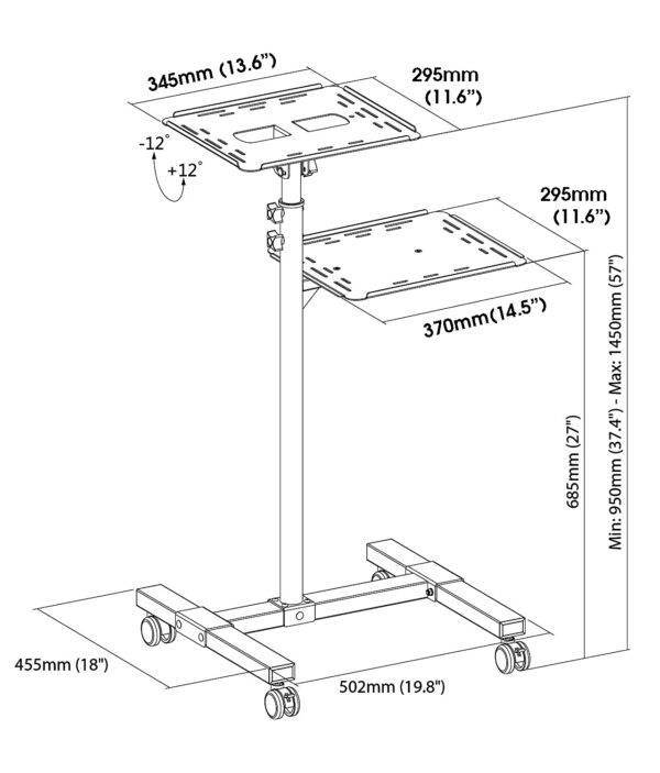 PTS08 Mobile Projector Stand/ Height Adjustable Projector Trolley with Laptop Shelf sizes diagram dimension