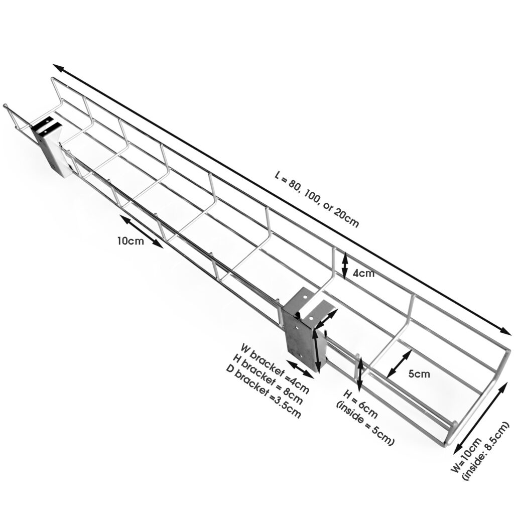 ART steel mesh under desk cable tray with metal mounting brackets sizes dimensions drawing