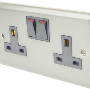 Volex 13A Double Switched Socket Double Pole 2 Gang Wall Socket in Brushed Chrome (Pewter Effect) with Black Inserts