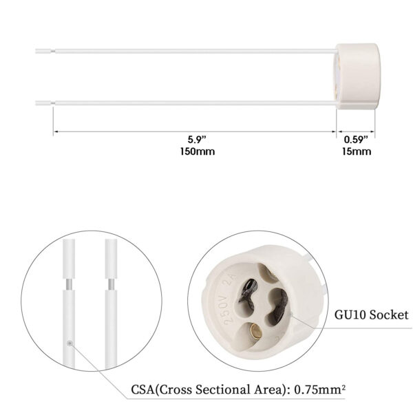GU10 Bulb Holder Socket 15cm/5.9" Wire GU10 Connector Ceramic Base sizes dimensions drawing