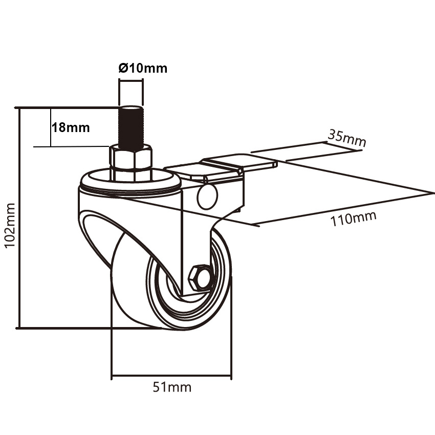 Wheel set 4 metal castors for office desks with M10 threaded stem