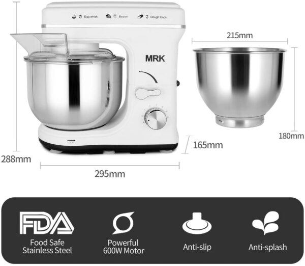 MK16 4L Stand Mixer, 3-in-1 Double Dough Kneading Hooks, Egg Whisk & Flat Beater with Splash Guard sizes dimensions drawing