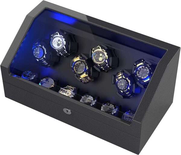 Watch Winder for 6 Automatic Watches w/ 6 Storage Spaces, Solid, Wood Safe w/LED & 18 Flexible Watch Pillows