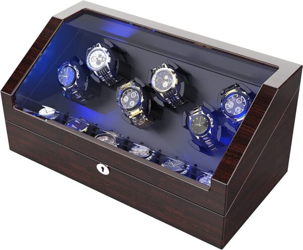 Watch Winder for 6 Automatic Watches w/ 6 Storage Spaces, Solid, Wood Safe w/LED & 18 Flexible Watch Pillows
